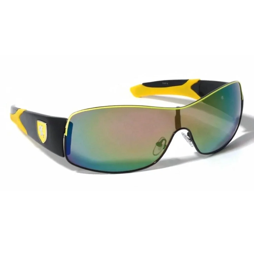 Black and Yellow Shield Sunglasses Mirrored Lens Sporty Racing Wrap Frames Gafas